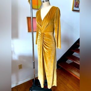 Gold Stretch Velvet Evening Dress Deep V Long Sleeves Size S